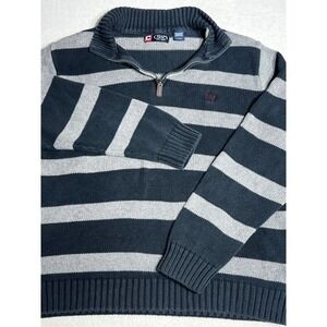 Chaps Mens Large Navy Blue Gray Striped Quarter Zip Cotton Knit Sweater